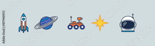 Space Exploration Icon Set Featuring Rocket Saturn Planet Mars Rover Star and Astronaut Helmet for Science and Technology Concepts