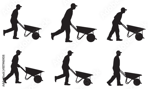 Silhouettes of a man pushing a wheelbarrow in different poses.