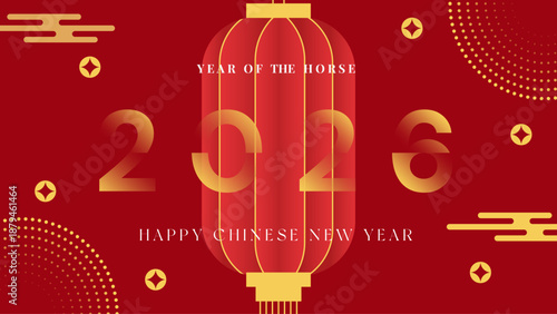Chinese New Year 2026 Illustration with Horse Zodiac, Golden Lanterns, Red Asian Festive Background, Traditional Lunar Holiday Vector Design for Banner, Poster, Greeting Card, Calendar, and Cultural C
