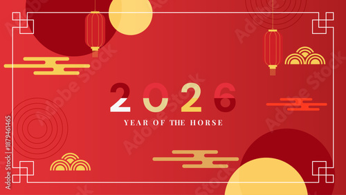 Chinese New Year 2026 Illustration with Horse Zodiac, Golden Lanterns, Red Asian Festive Background, Traditional Lunar Holiday Vector Design for Banner, Poster, Greeting Card, Calendar, and Cultural C