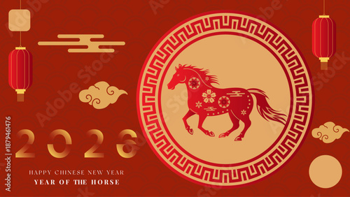 Chinese New Year 2026 Illustration with Horse Zodiac, Golden Lanterns, Red Asian Festive Background, Traditional Lunar Holiday Vector Design for Banner, Poster, Greeting Card, Calendar, and Cultural C