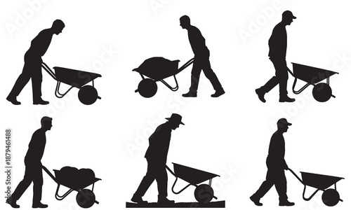 Silhouettes of men pushing wheelbarrows with various loads.