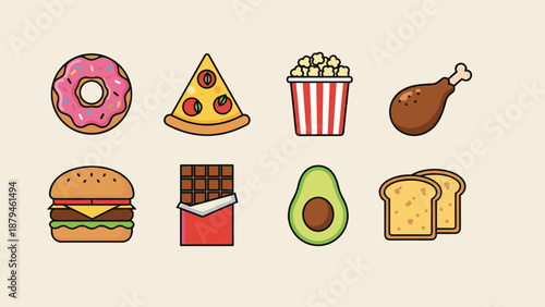 Collection of flat fast food and healthy snack icons including pizza, burger, donut, popcorn, chocolate, avocado, bread, and chicken drumstick.