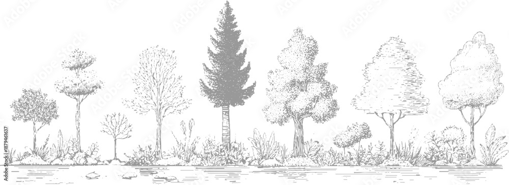 Obraz premium Artistic monochrome of a variety of deciduous and coniferous trees with detailed foliage and undergrowth, presented in a horizontal line style
