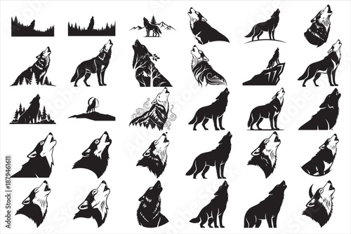 Powerful wolf howling silhouettes capturing the spirit of wilderness, freedom, and mystery.