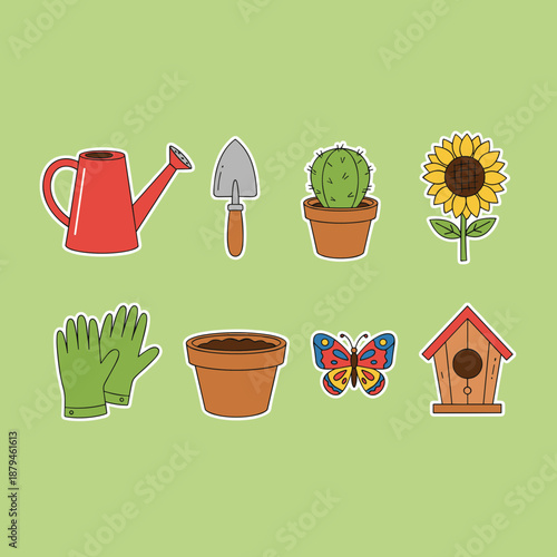 Set of colorful garden tool stickers including red watering can trowel potted cactus sunflower gloves butterfly and a cute wooden birdhouse