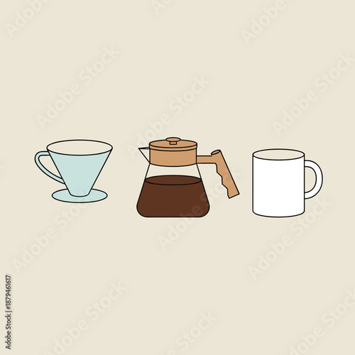 Minimalist vector illustration of coffee brewing tools featuring a pour over dripper a glass server with dark coffee and a clean white mug cup