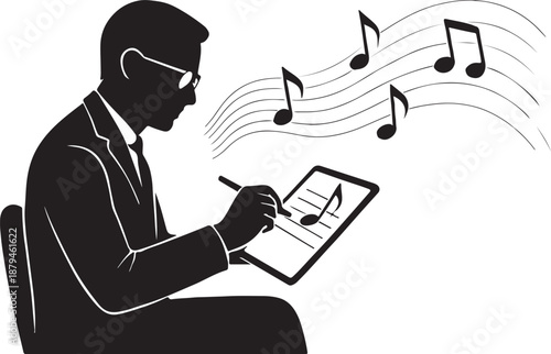 Silhouette of a professional male music composer writing notes on a digital tablet