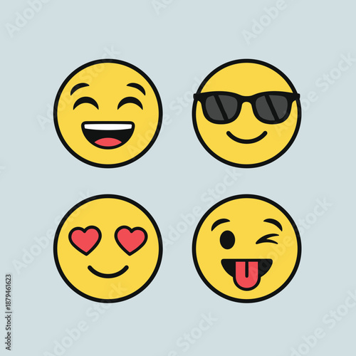 Set of four classic yellow round emoticon faces with different expressions including laughing wearing sunglasses with heart eyes and winking with tongue