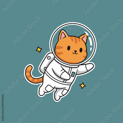 Adorable cartoon orange tabby cat astronaut floating in outer space wearing a white space suit and helmet surrounded by small twinkling stars
