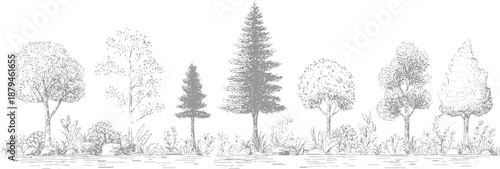 A charming hand-drawn forest landscape featuring a diverse collection of deciduous and coniferous trees with detailed foliage and undergrowth creating a natural woodland scene