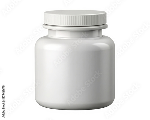 Simple white plastic medical container bottle mockup isolated on white background for health supplement or pill packaging