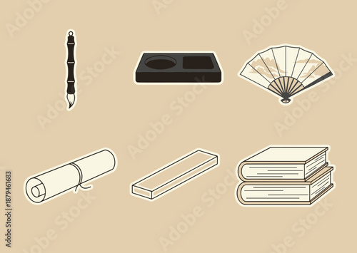 Traditional Oriental Scholar Stationery Set with Inkstone Bamboo Brush Paper Scroll Fan and Books for Asian Culture and History Illustration