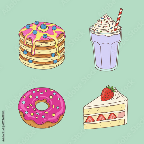 Delicious Sweet Dessert Set with Blueberry Pancakes Milkshake Strawberry Cake and Pink Glazed Donut for Cafe Menu Design and Food Illustration