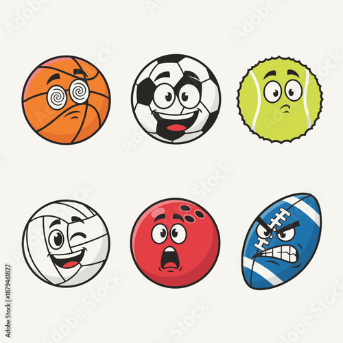 Set of sports balls with funny facial expressions including basketball, soccer, tennis, volleyball, bowling, and rugby in cartoon character style.