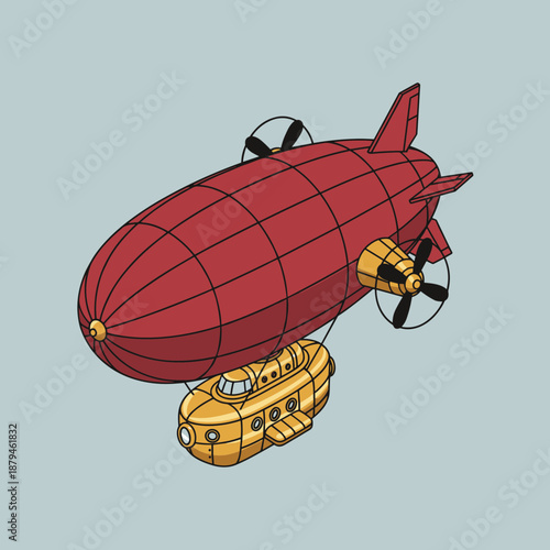Vintage red dirigible airship with yellow gondola and propellers in an isometric view cartoon style for steampunk or transportation concept designs.