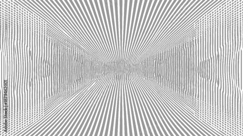Optical illusion of a gray and white striped tunnel receding into the distance creating a sense of depth and perspective with distorted lines and warped shapes