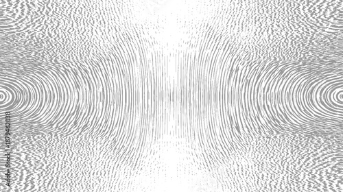 Symmetrical abstract pattern of grey and white concentric circles and vertical lines creating a tunnel or lens effect