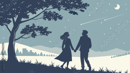 Romantic Couple Silhouette Walking Hand-in-Hand on Hill Under Starry Night Sky with Shooting Stars, Dreamy Landscape Illustration
