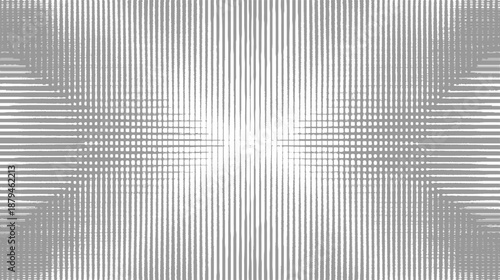 Geometric abstract pattern of vertical grey lines fading into dots creating a symmetrical gradient effect with a central bright area