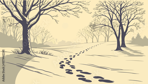 Quiet Winter Landscape Illustration with Footprints in Fresh Snow Leading Through Bare Trees on a Solitary Path, Evoking Serenity and Nature's Calm