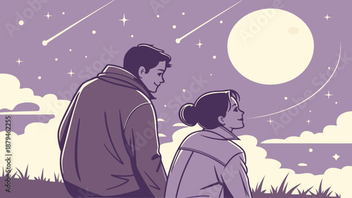 Romantic Couple Stargazing Under Dreamy Night Sky with Full Moon and Shooting Stars, Flat Vector Illustration