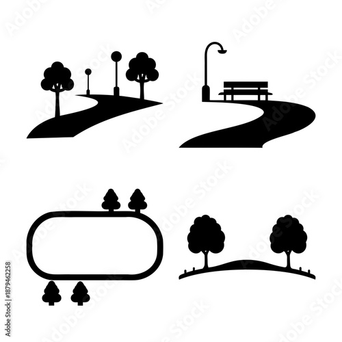 A collection of park and outdoor elements featuring paths, trees, benches, and streetlights