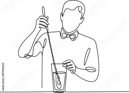 Continuous Line Art Illustration of Bartender Stirring Drink in Tall Glass — Minimal Modern Bar Scene