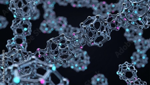 Complex molecular structure with interconnected silver nanotechnology particles and colorful highlights against dark background futuristic scientific concept