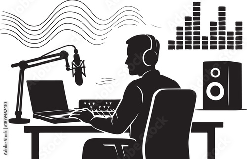 Silhouette of a professional male music composer writing notes on a digital tablet