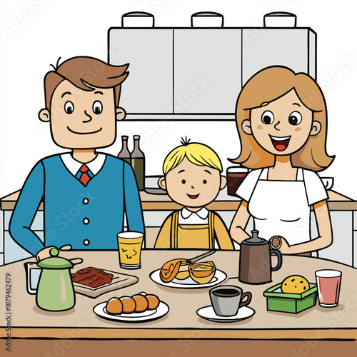 Family having breakfast in kitchen cartoon illustration