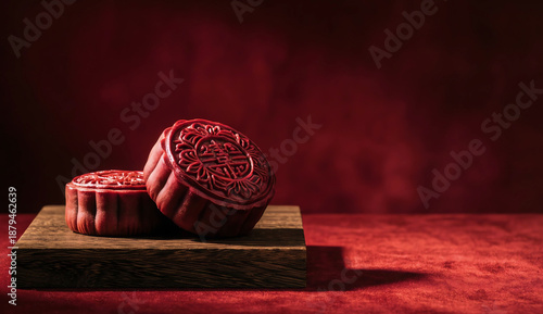 Minimalist still life with two Chinese mooncakes on a small, dark wooden platform, placed off-center to the left. Deep, luxurious crimson red background with subtle texture.