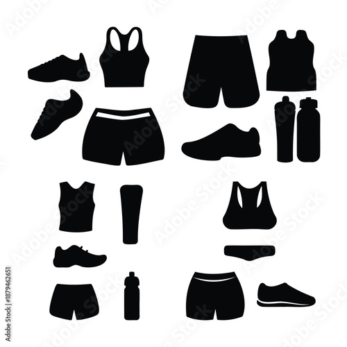 Collection of black silhouettes for various fitness and sports apparel and gear