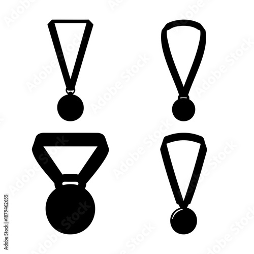 Collection of black silhouette award medals with ribbons for various achievements