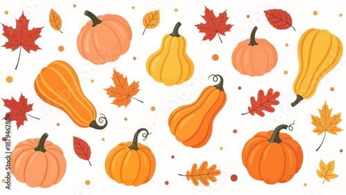 Autumn Harvest Pumpkins and Colorful Maple Leaves Seamless Pattern