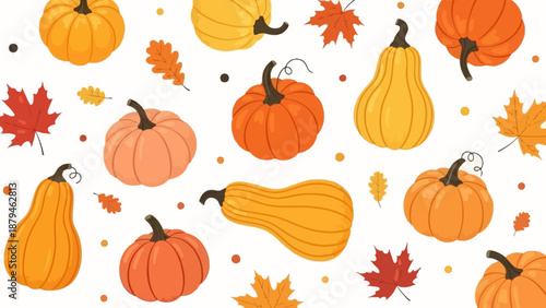 Autumn Harvest Pattern with Pumpkins and Fall Leaves on a White Background
