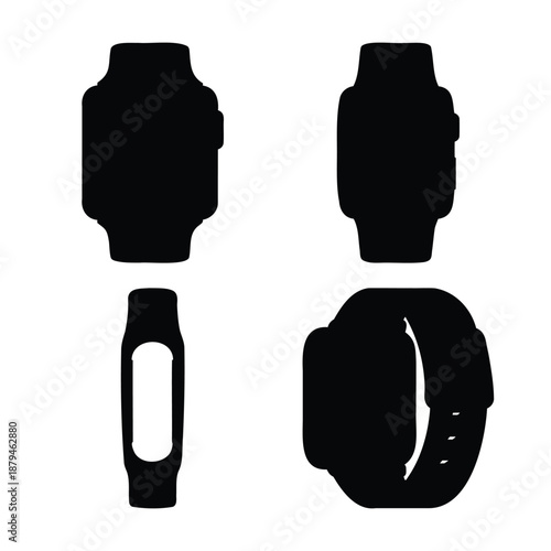 Silhouettes of various smartwatches and fitness trackers against a plain white background