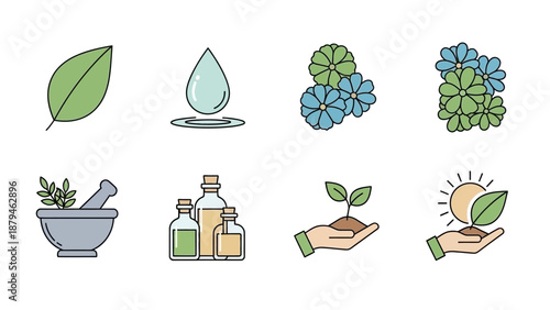 Set of Organic and Natural Icons: Leaf, Water Drop, Flowers, Mortar, Bottles, Plant Growth, Sun