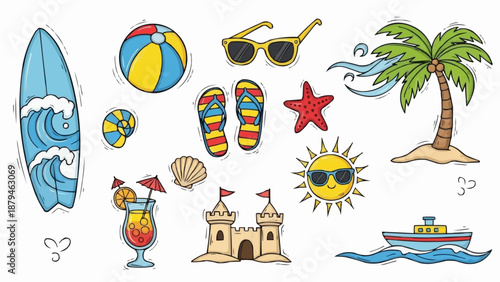Collection of summer vacation beach and travel icons and symbols.
