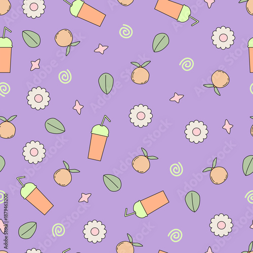 Cute colorful summer seamless vector pattern background with smoothies glasses, leaves, flowers and orange fruit. Juice cup for summer theme, wrapping, textile, packaging.