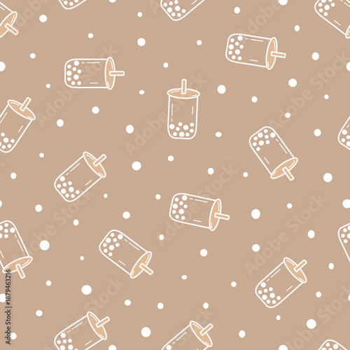 Boba tea or bubble milk tea cup seamless pattern vector. Sweet brown sugar bubble milk tea dessert in glasses for wrapping, textile, card, stationery, and phone cases.