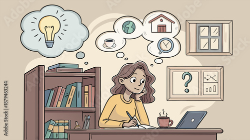 Woman Brainstorming Ideas with Thought Bubbles at Desk