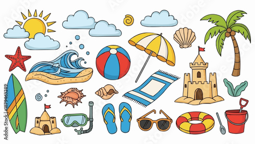 Collection of Summer Beach Vacation Objects and Symbols.