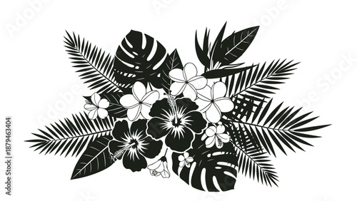 Tropical Floral Arrangement: Hibiscus, Plumeria, and Monstera Leaves