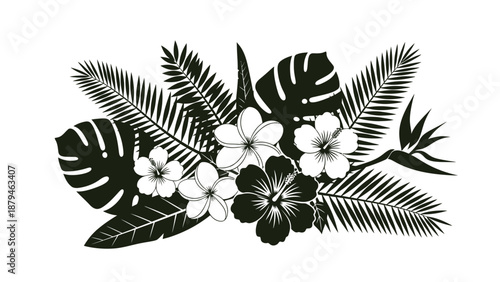 Tropical Floral Arrangement Silhouette with Exotic Leaves and Flowers, Exotic Botanical Design