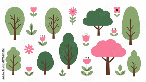 Cute Flat Design Trees and Flowers Collection, Whimsical Garden Illustration, Vector Elements