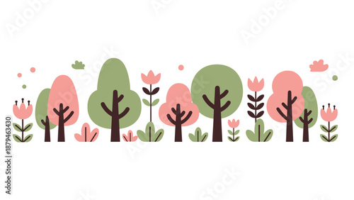Cute Stylized Forest Scene with Pink and Green Trees and Flowers