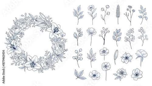 Vintage Botanical Floral Wreath and Elements, Delicate Art Illustration