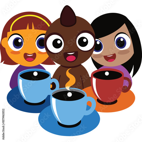 two cups of coffee with cute cartoon faces