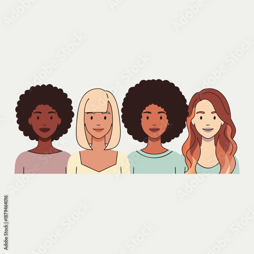 Row of Diverse Young Women with Different Hairstyles in Minimalist Illustration